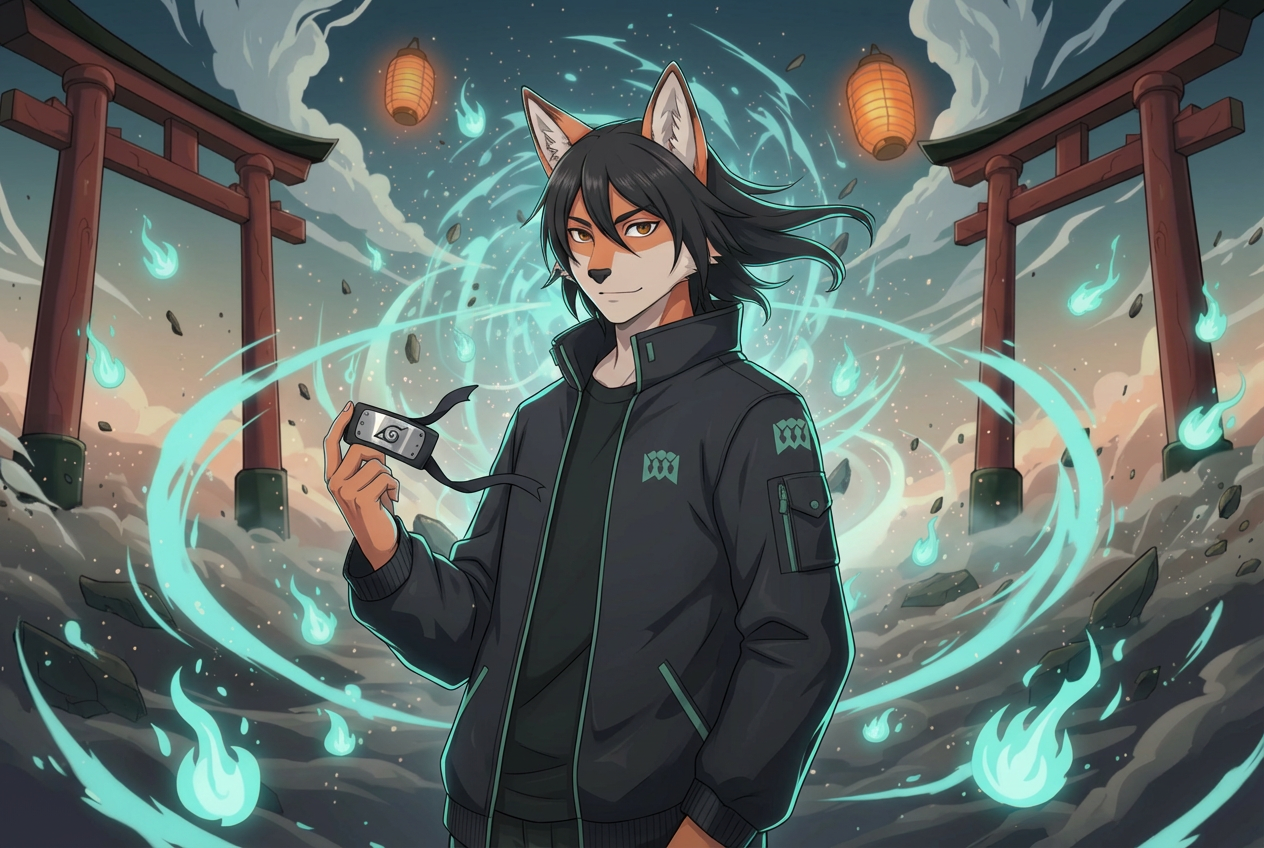 Kitsune character with teal spirit flames and torii gates
